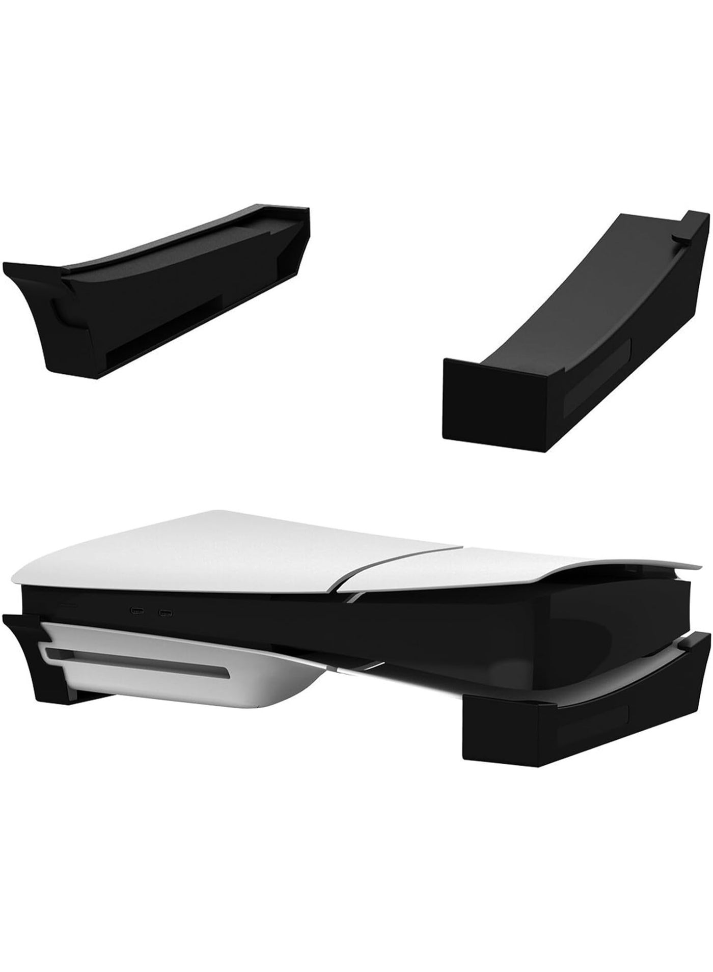 Black Horizontal Desk Stand for PS5 Slim – this base stand accessory is fully compatible with both the Disc and Digital Editions of the PlayStation 5 Slim Console, providing a stable horizontal placement solution for your gaming device.